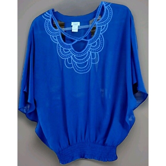 Charming Charlie Women's M Royal Blue Embroidered Blouse Semi Sheer Boho Chic - Picture 1 of 8
